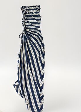 Max Studio Blue Striped Jersey Dress Size M Long Maxi Ruched Linen Blend